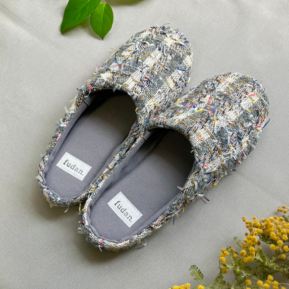 no.99/洗えるルームシューズ/ファンシーツイード/グレー/ラメ糸/スリッパ/帆布/ギフト/春 2枚目の画像