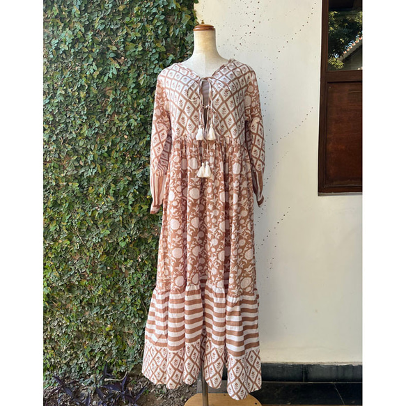 インド綿 ブロックプリントロングドレス　 1枚目の画像