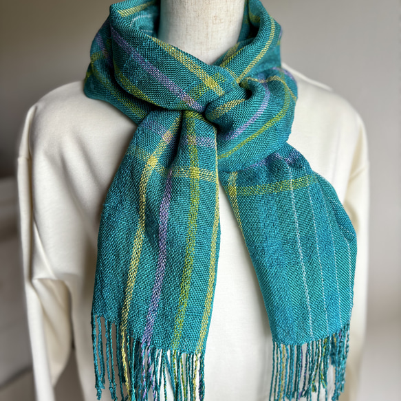 手織り大判タイプの紫と青のストライプ 、ショール・ストール