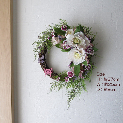 クリスマスローズ・ナデシコ入りリース 母の日 ギフト 造花 アーティ  