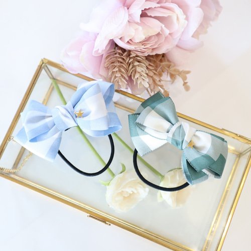 ベビーヘアクリップ　ハンドメイド　ヘアピン　ヘアゴム　チェックリボン ベビーヘアクリップハンドメイドヘアピンヘアゴムチェックリボン