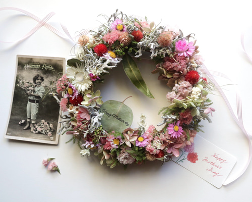 千日紅とスターチスの春待ちリース* * *ラッピング無料 ナチュラル