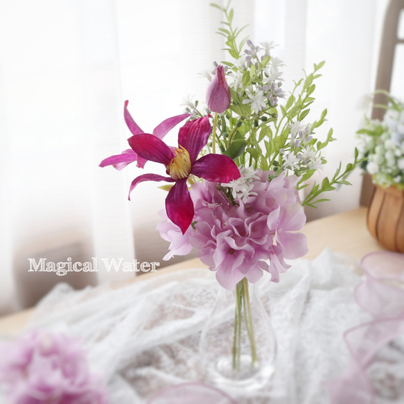 『マジカルウォーター』紫陽花とクレマチス 母の日フラワー ❁ 誕生日 紫 フェイク アートフラワー Creema限定 8枚目の画像