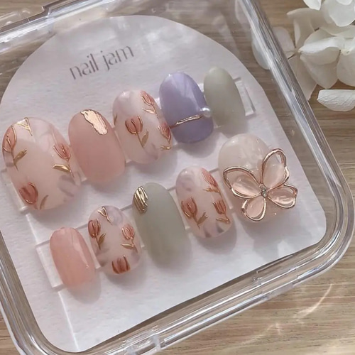 サイズオーダー♡天然石風ニュアンス×ミラーネイルチップ オレンジ  