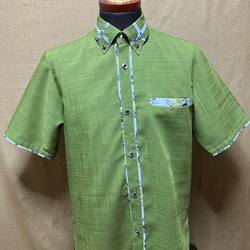 かりゆしウェア　メンズ   抹茶色　 M(箱ポケット（沖縄、琉球、紅型柄、アロハ）No.１１７ 2枚目の画像