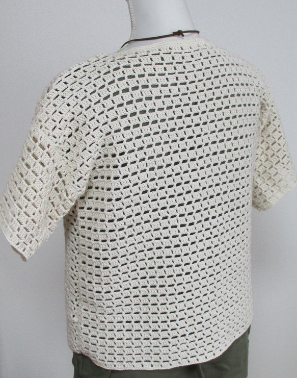 送料無料 半袖手編みのサマーセーター（アイボリー） 2枚目の画像