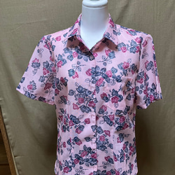 Yシャツカラー　ピンクブーゲンビレア　かりゆしウェア　レディース　L（沖縄、琉球、紅型柄、アロハ）No.１２２ 2枚目の画像