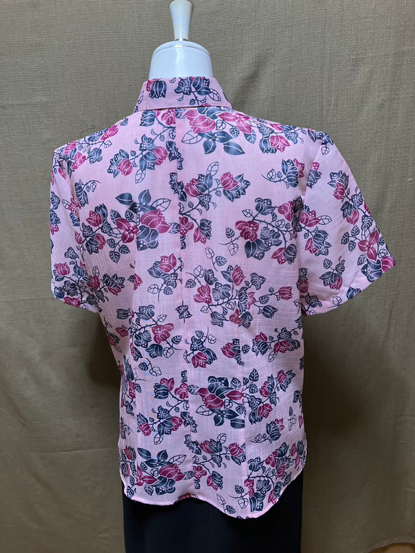 Yシャツカラー　ピンクブーゲンビレア　かりゆしウェア　レディース　L（沖縄、琉球、紅型柄、アロハ）No.１２２ 3枚目の画像