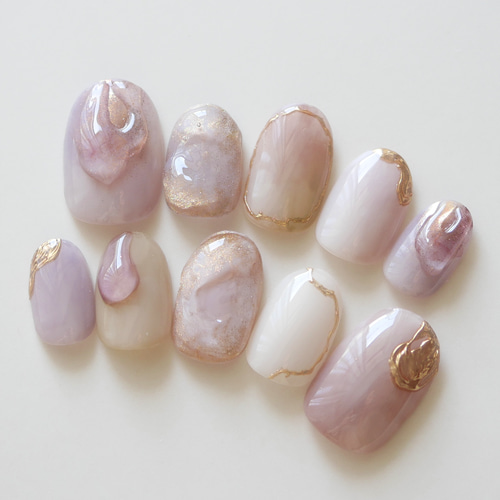 ふんわりパープル×ゴールドのニュアンスネイル◇ネイルチップ【casual