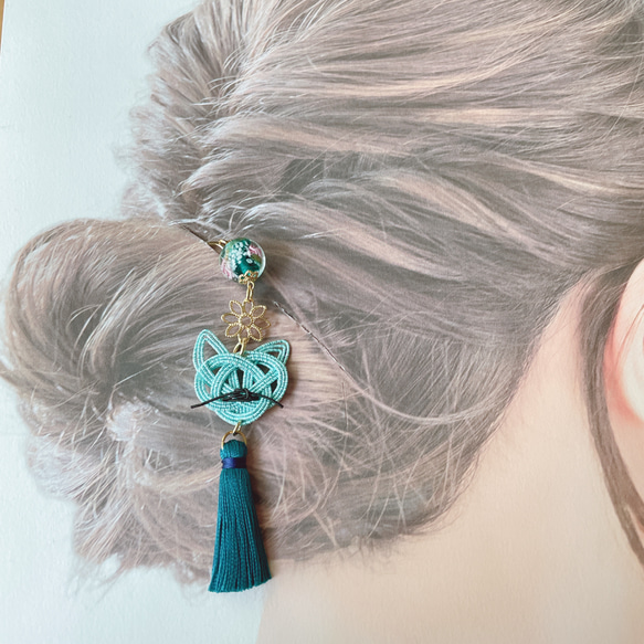 水引き猫の簪　ターコイズブルー　かんざし　髪飾り 7枚目の画像