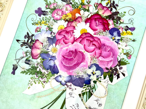 豪華で華やかな薔薇の花束　押し花アート額 5枚目の画像