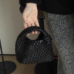 【イントレチャートスタイルの】PUレザー純手作り編み込みトートバッグミニ、ハンドバッグ携帯電話用小物入れ小銭入れチェーン 3枚目の画像