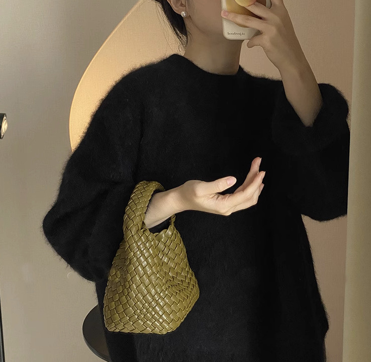 【イントレチャートスタイルの】PUレザー純手作り編み込みトートバッグミニ、ハンドバッグ携帯電話用小物入れ小銭入れチェーン