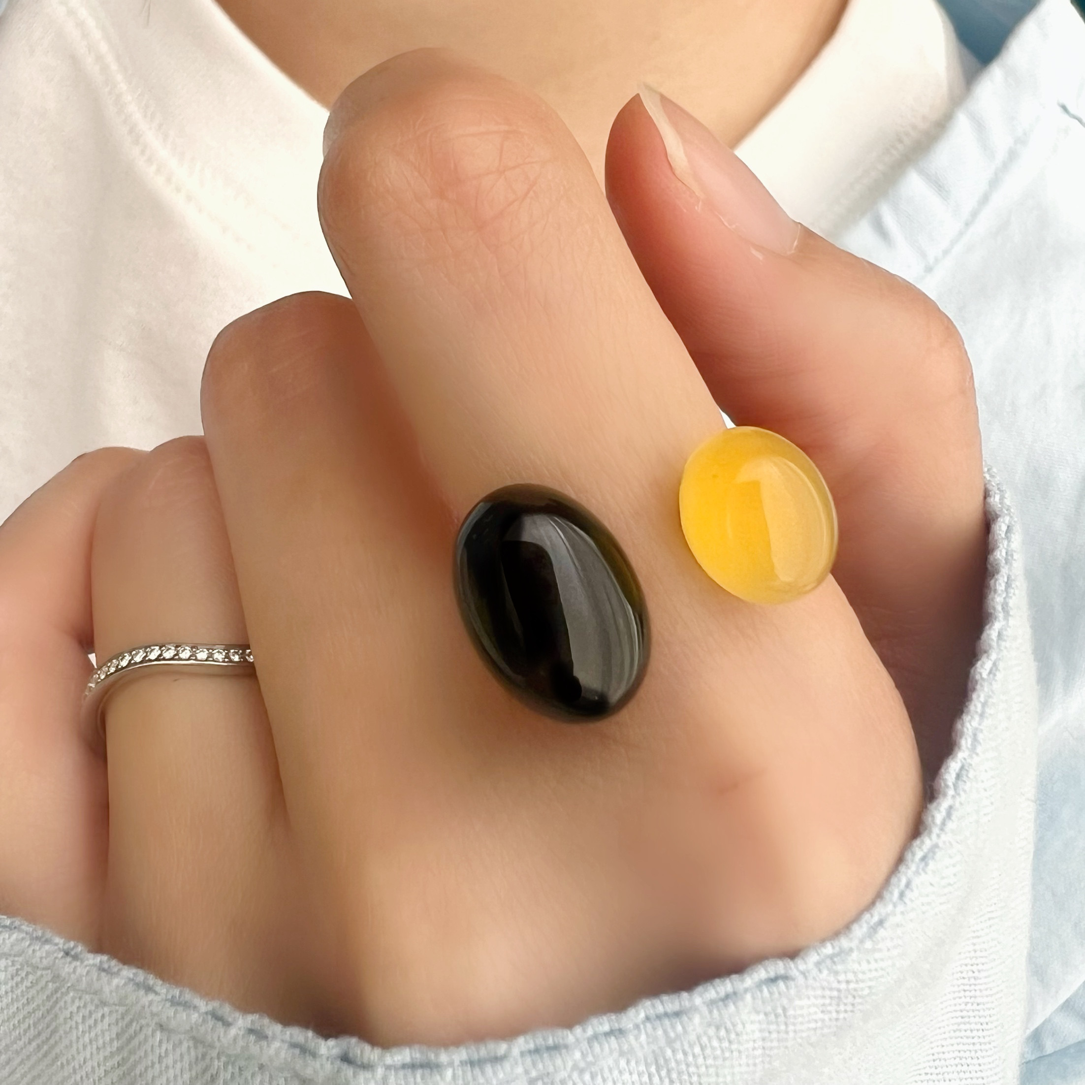 【JORIE】大人の遊び心❤️ハニーカラージェード×ブラックオニキス　あなたのためのフォークリング