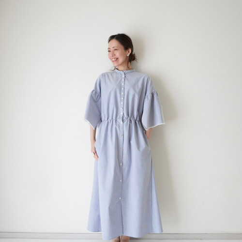 美品 エブール コットン 長袖 ギャザー ロング ワンピース 36 ブルー 美品 エブール コットン 長袖 ギャザー ロング ワンピース 36