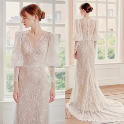 Vネック 長袖 総レース ウエディングドレス 二次会 前撮り