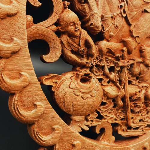 秋割】鍾馗童子 26.5cm（しょうき) 参次元彫刻『雅』 透かし彫 楠彫刻