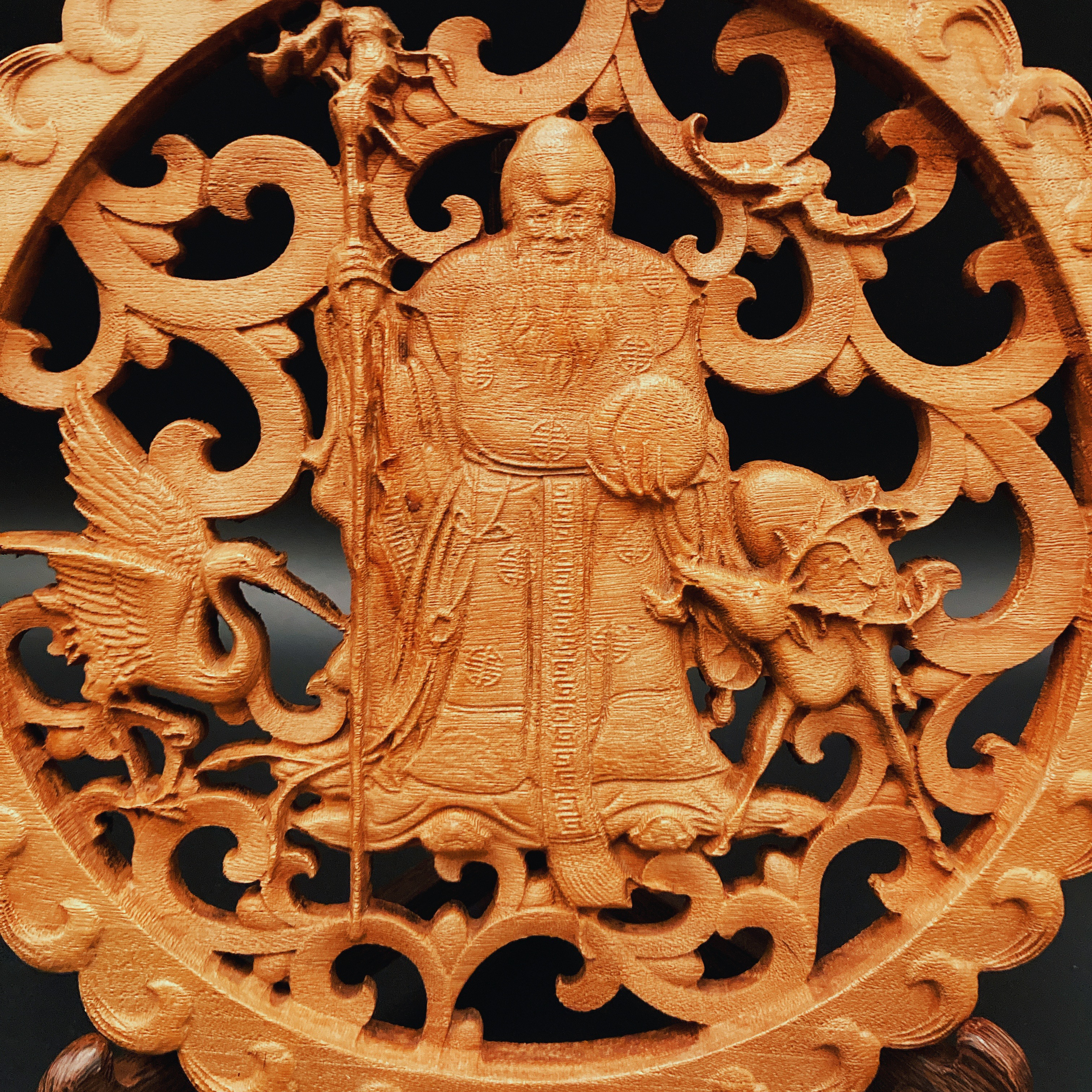 秋割】寿星老翁 26.5cm（福禄寿) 参次元彫刻『雅』 透かし彫 楠