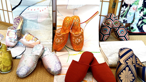 【着物リメイク】袋帯からのリメイクスリッパ　オレンジ　花柄　シルク100％　贈り物　プレゼント　ギフト　送料無料 人気・おすすめ｜使いやすい・旅行におすすめ 品質保証 全国発送 正規品・日本国内発送・安心保証付き