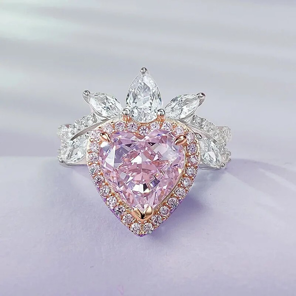 受注制作　ハイカーボンダイヤモンド　ピンク　ハートリング　9ｘ9ｍｍ　シルバー製　キラキラ　サイズ指定可　華やか 1枚目の画像