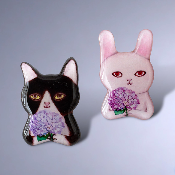 紫陽花ネコとウサギのブローチ(2種類) 3枚目の画像
