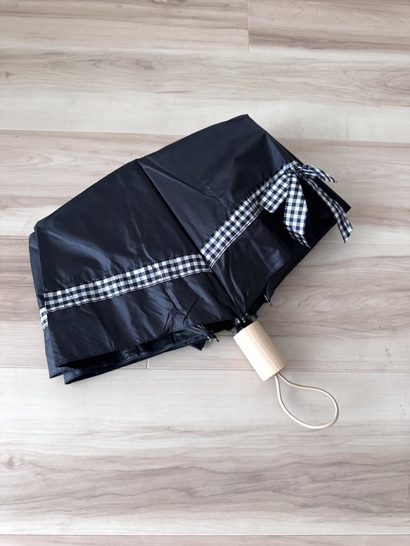 日傘 雨傘 折りたたみ傘 骨8本 リボン付き 晴雨兼用 完全遮光 UVカット H1/黒 6枚目の画像