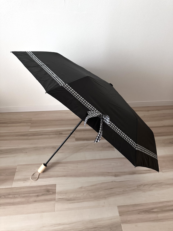 日傘 雨傘 折りたたみ傘 骨8本 リボン付き 晴雨兼用 完全遮光 UVカット H1/黒 3枚目の画像