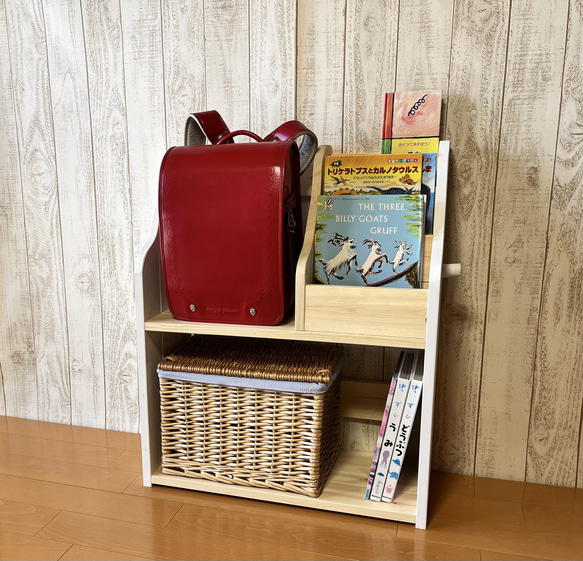 【サイドフック】ランドセルラック　教具棚　絵本棚　おもちゃ収納　モンテッソーリ  ホワイト&ミディアム　60cm 7枚目の画像