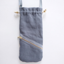 ❲大❳インド刺繍リボンの巾着スマホショルダー【gray×gold】 2枚目の画像