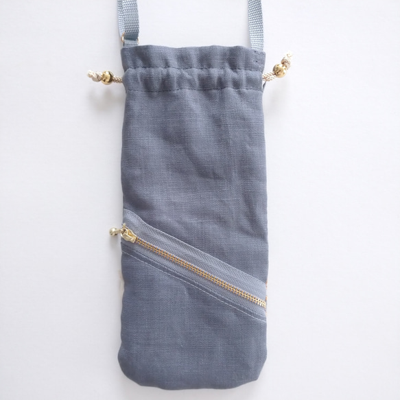 ❲大❳インド刺繍リボンの巾着スマホショルダー【gray×gold】 2枚目の画像