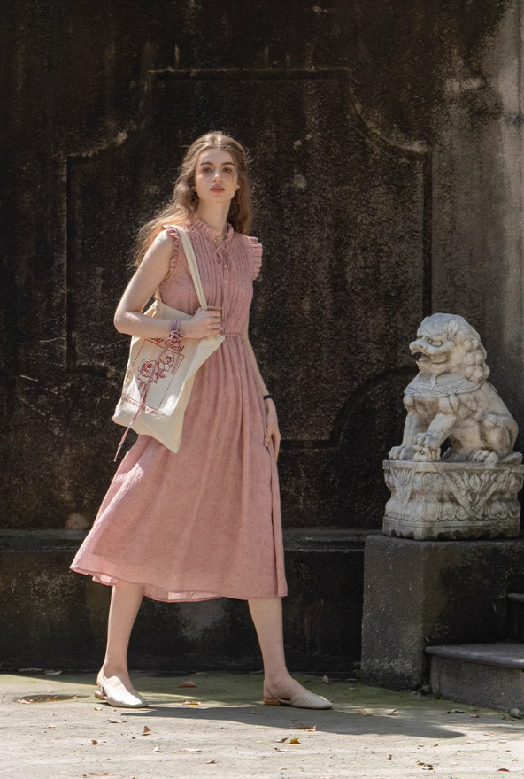 フリル　ジャガード生地　ノースリーブワンピース　ロングワンピース