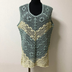 夏糸　手編み透かし編み　ベスト　大きい　レディス　かぎ針編み 1枚目の画像