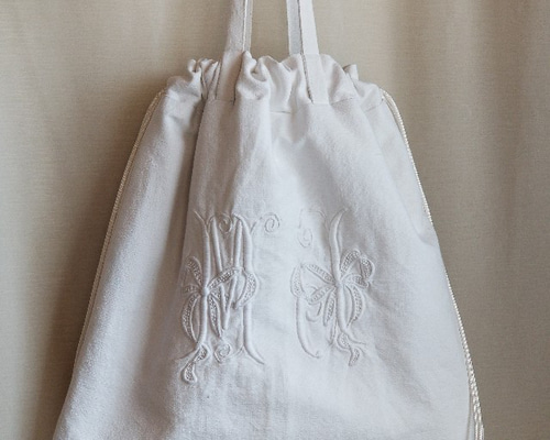 アンティークエプロン　フランスリネン　モノグラム刺繍　1900〜1920年 フランス アンティーク リネン エプロン