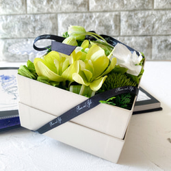 グリーンのボックスアレンジメント　アーティフィシャルフラワー　造花　おしゃれ　プレゼント　インテリア　光触媒加工 9枚目の画像