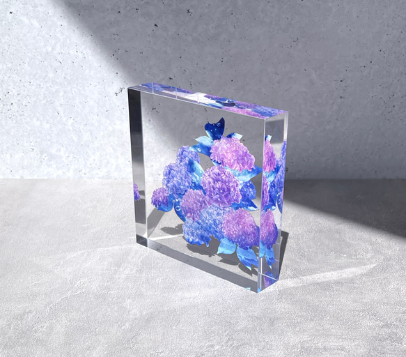 -紫陽花- 花と草木のアクリルブロック（10cm×10cm） 2枚目の画像