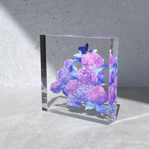 紫陽花 - アクリルブロック〈10cm角・透け感を楽しむインテリアアート