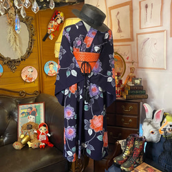 和洋折衷 浴衣 リメイク ワンピース ドレス 帯サッシュベルト レトロ 古着 和 モダン W-259 3枚目の画像