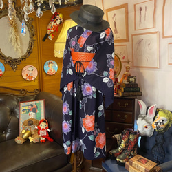 和洋折衷 浴衣 リメイク ワンピース ドレス 帯サッシュベルト レトロ 古着 和 モダン W-259 4枚目の画像