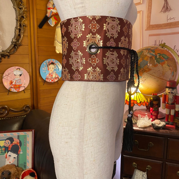 和洋折衷 名古屋帯 着物 和装 サッシュベルト 飾り帯 ウエストマーク リメイク ハンドメイド レトロ OB-103 5枚目の画像