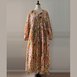 インド綿 ブロックプリントドレス　イエローｘカラフルフラワー 5枚目の画像