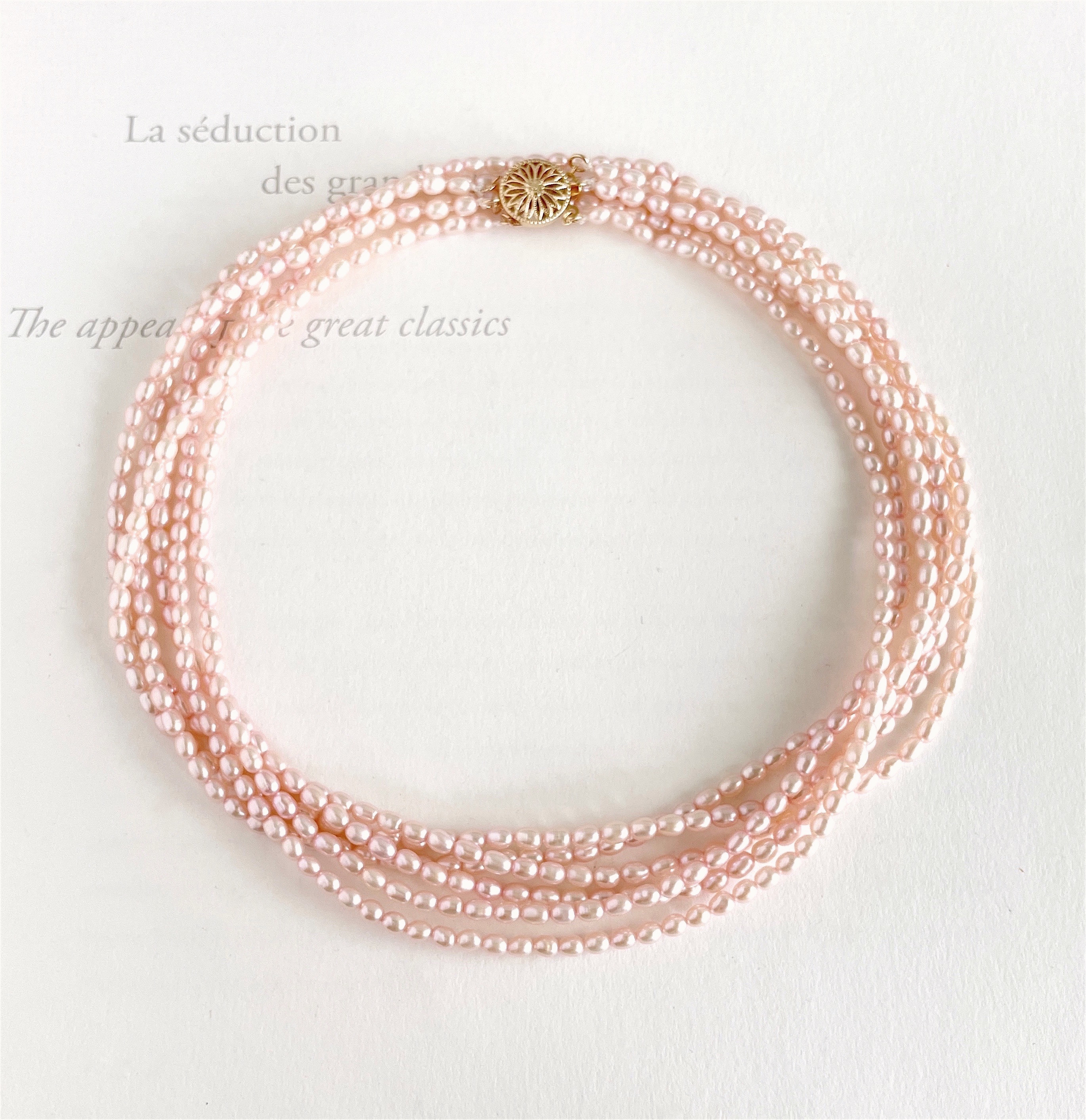 小粒淡水パール ３連 ロングネックレス(K14gf) シェルピンク