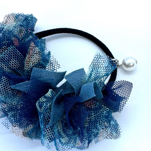 シュシュ  ヘアゴム  コットンネイビー  ブルーパール シュシュ ヘアゴム コットンネイビー ブルーパール