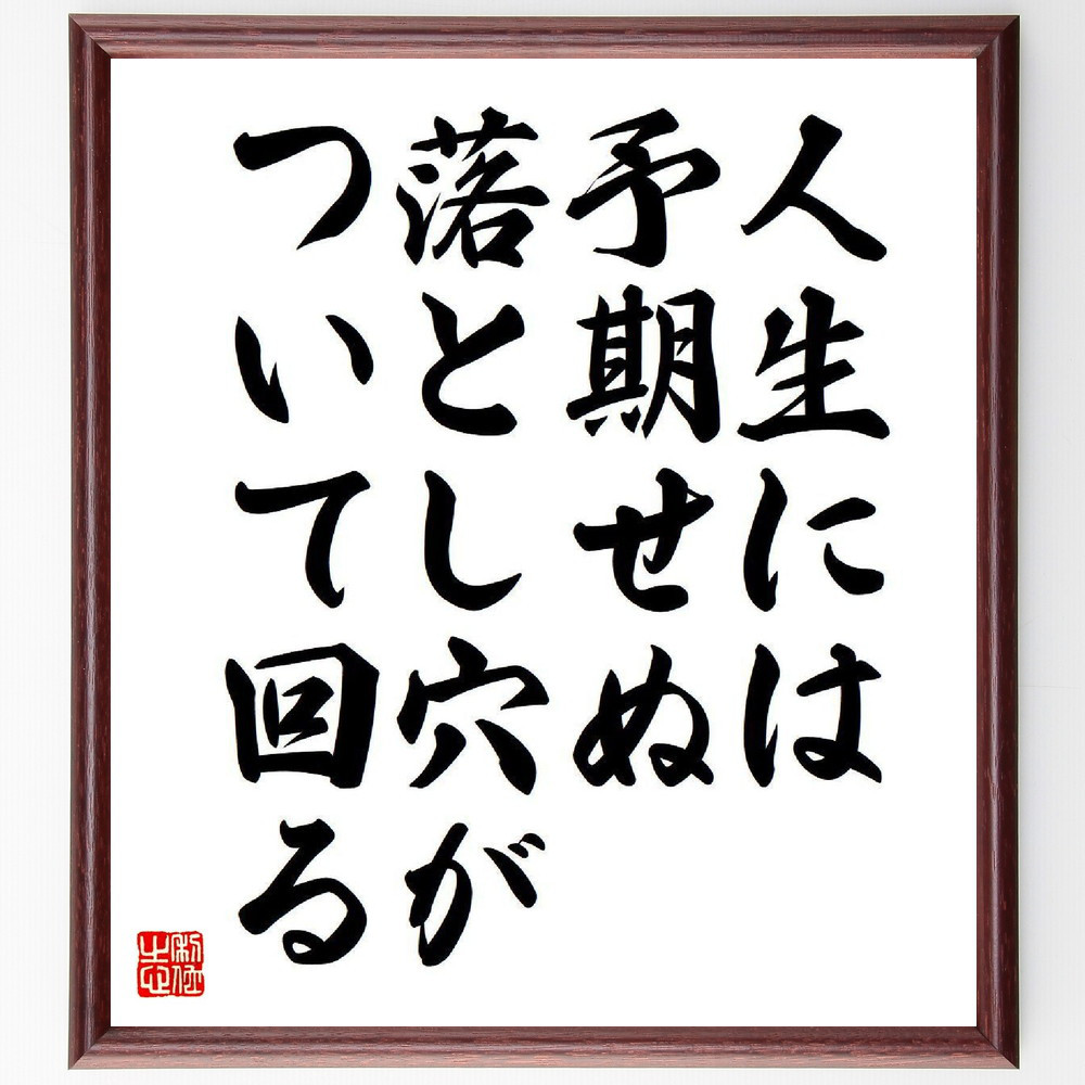 名言「人生には予期せぬ落とし穴がついて回る」手書き書道色紙額／受注後の毛筆直筆（V6567）