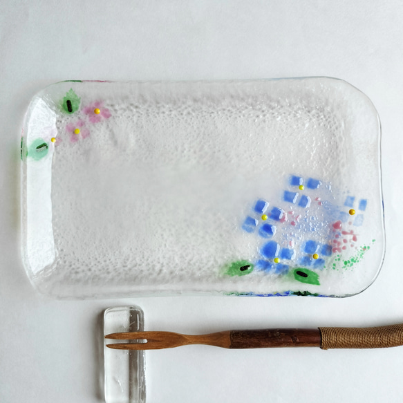 飾り皿(角大皿)紫陽花 期間限定『紫陽花の角皿』注文制作 日本製 ガラスの器 プレート