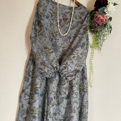 リネン100%ふんわりお袖のギャザーワンピース~ボタニカルflower~ 1枚目の画像