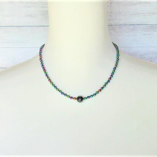 C28】 ネックレス ブラックレインボークォーツ ビスマス 人工石 虹色