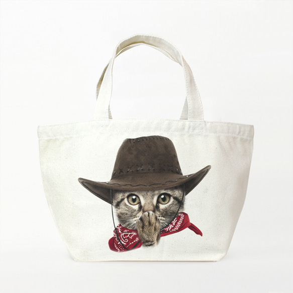 with NYAGO ランチトートバッグ ［ カウボーイ ソラちゃん 肉球をペロペロするにゃー。 4145 ］ 1枚目の画像