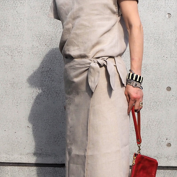腰周りすっきり　リネン混ストレッチ　シャンパンスモーキーカーキブラウス巻きスカート 8枚目の画像