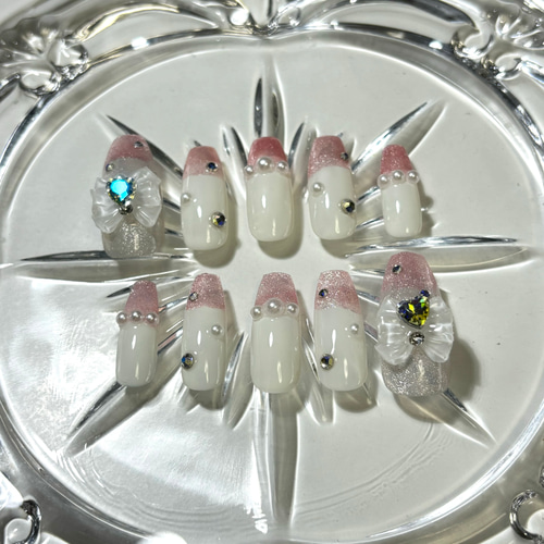 No.5】ネイルチップ ホワイト＆ピンク 量産型 ネイルチップ（つけ爪  