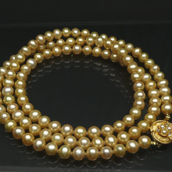ゴールデンパール7-7.5mm本真珠ロングネックレス89cm極上の照り光沢で無キズA639 3枚目の画像